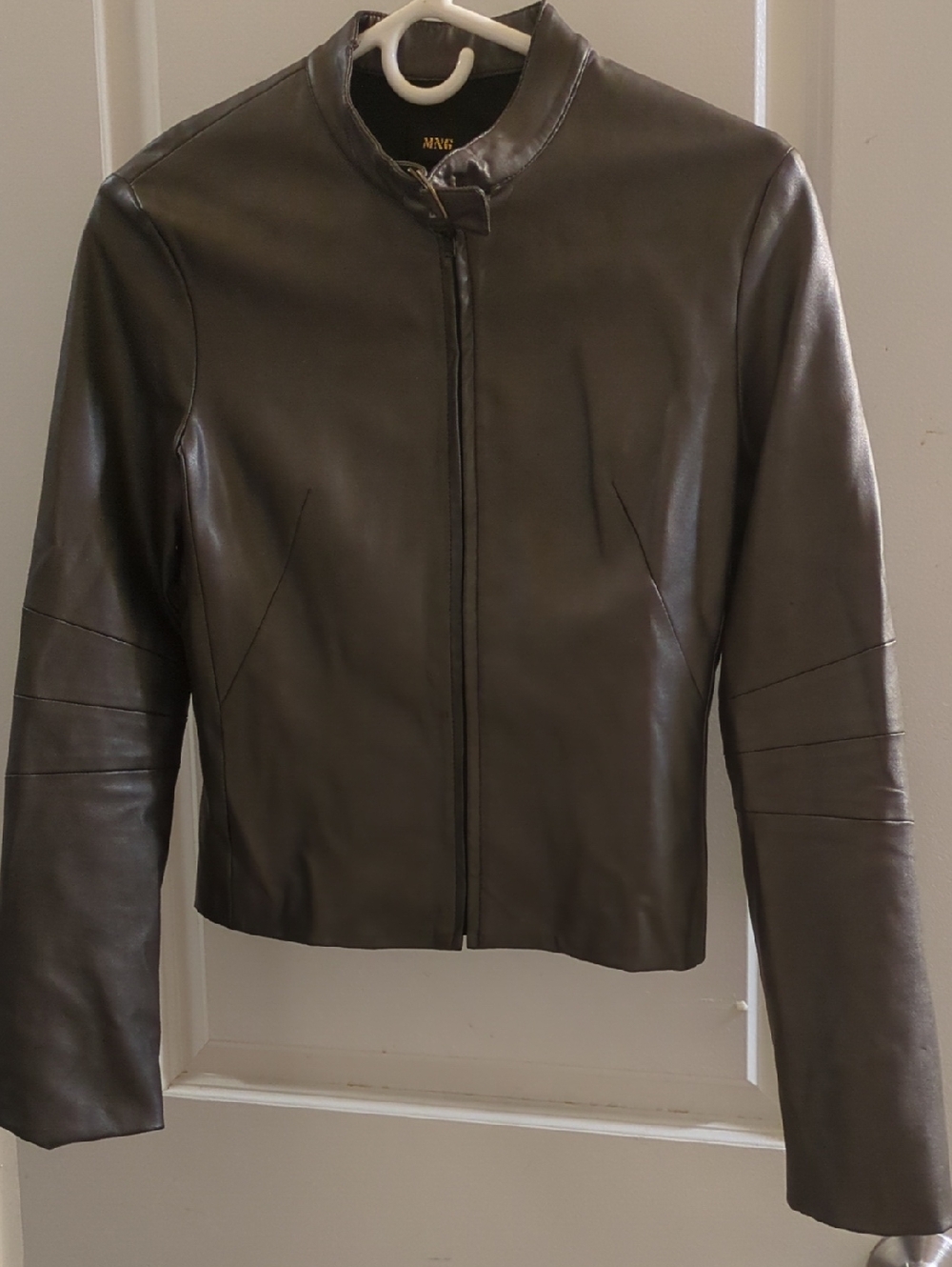 Mango Women's Dark Brown Leather Zip Jacket with Buckle Collar